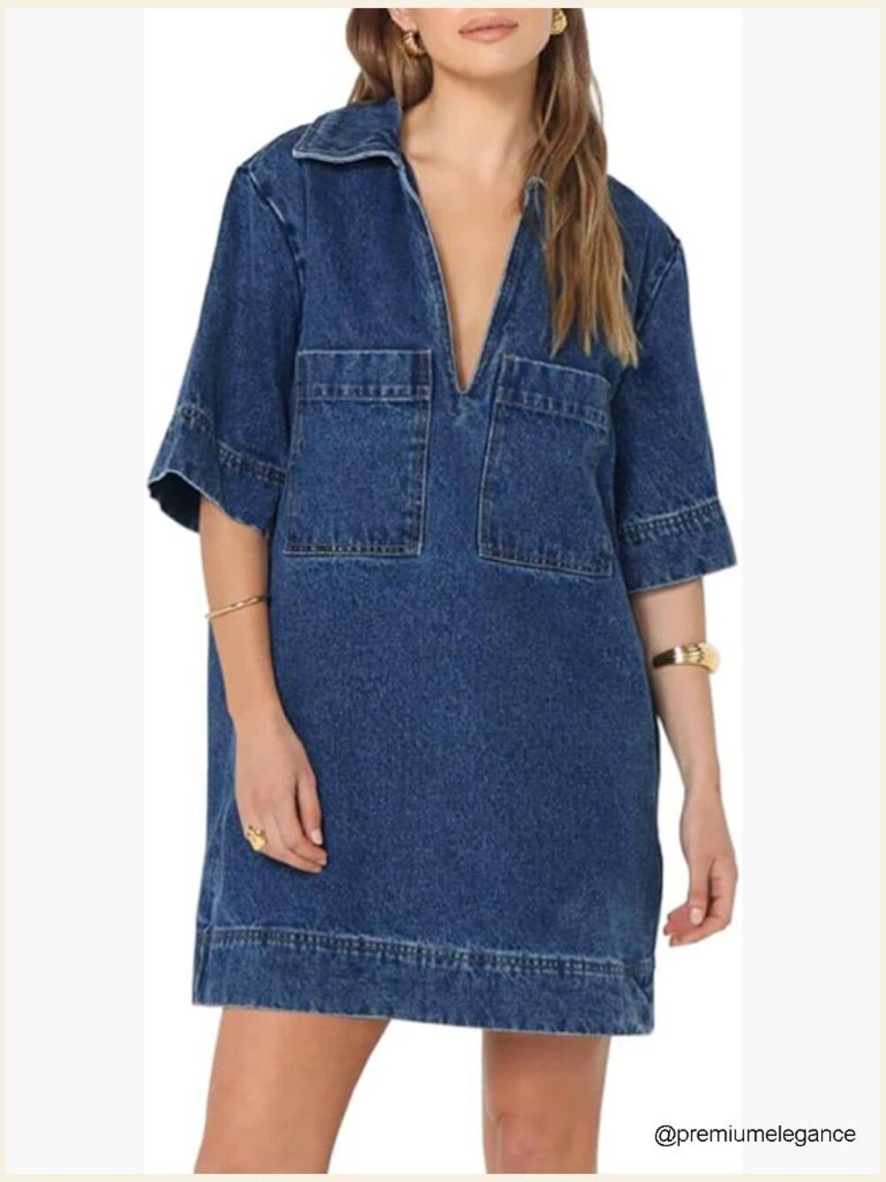 Denim Shift Dress V-Neck Short Sleeve Mini Jean Dress with Pockets